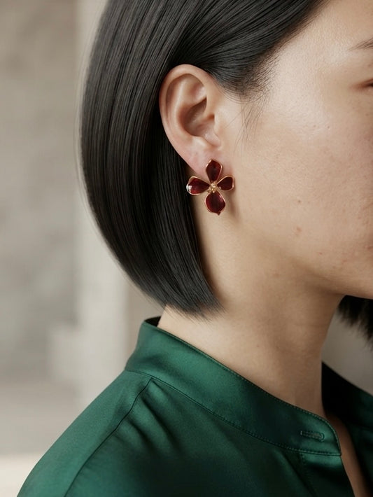 Anya Flower Chunky Earrings (Wine Red)