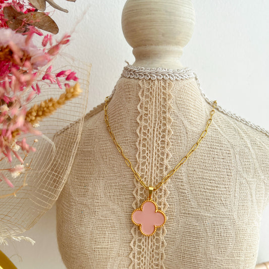 Aura Pink Four Leaf Clover Paperclip Necklace